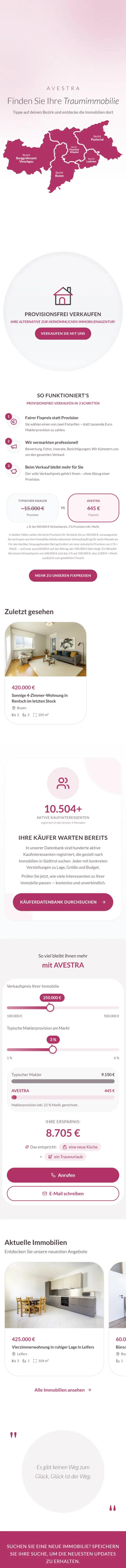 Webseite von Avestra Immobilien auf dem Handy, komplette Startseite