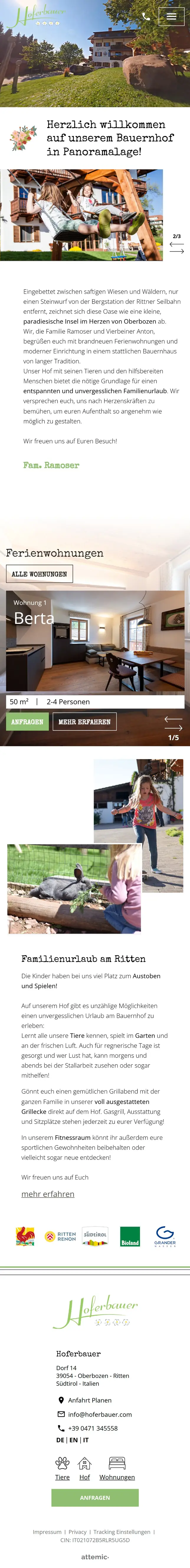 Webseite des Hoferbauer auf dem Handy, komplette Startseite