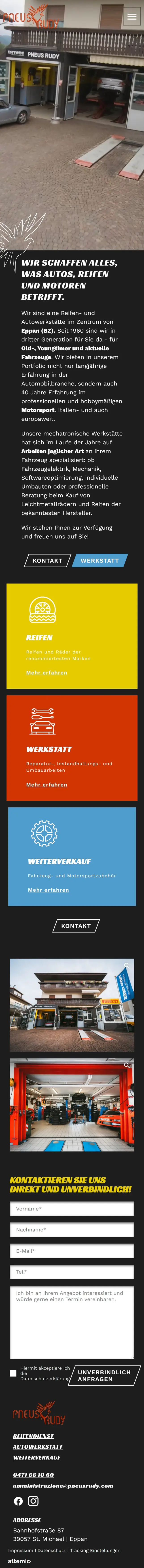 Webseite von Pneus Rudy auf dem Handy, komplette Startseite